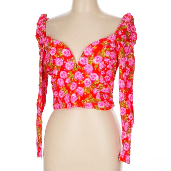 Zara Red and Pink Floral Print Long Puff Sleeve Crop Top Size M/S - Picture 8 of 8